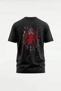 Spider Web Slinger T-Shirt back view in black with minimalist spider chest print. Premium cotton graphic tee for Spider fans by FANBOY.