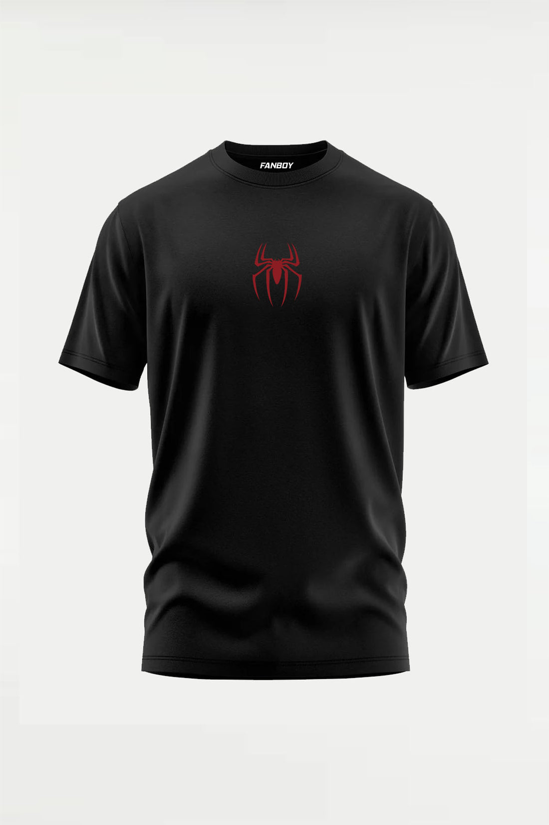 Spider Legacy Tee by Fanboy featuring a minimal red spider logo on the front and a bold red spider web graphic on the back. Premium black cotton graphic T-shirt for Spider fans in India.