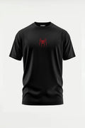 Spider Web Slinger Regular Fit T-Shirt front view in black with minimalist spider chest print. Premium cotton graphic tee for Spider fans by FANBOY.
