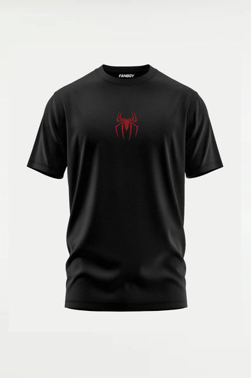 Spider Web Slinger Regular Fit T-Shirt front view in black with minimalist spider chest print. Premium cotton graphic tee for Spider fans by FANBOY.