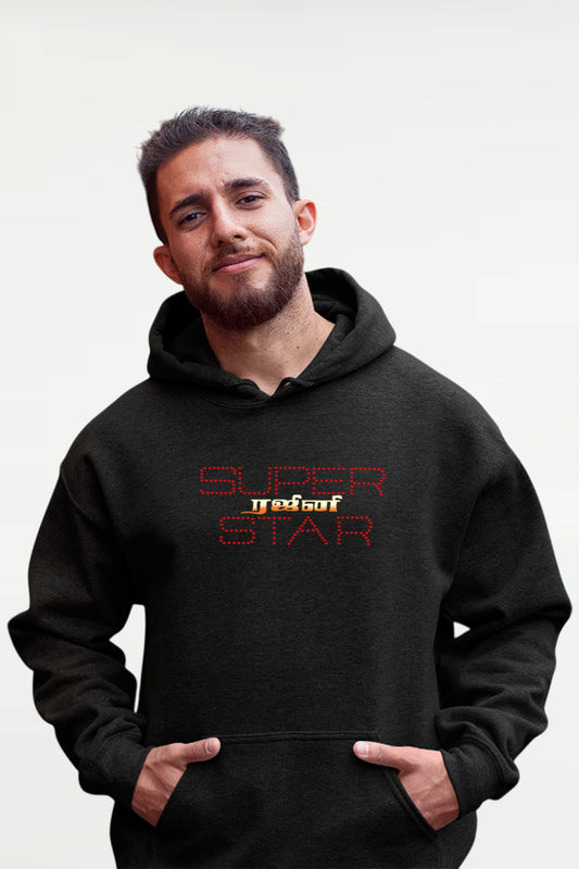 Super Star Rajini Title Card Hoodie for Thalaivar fans – bold black fanboy hoodie with iconic Rajinikanth intro design, unisex oversized fit