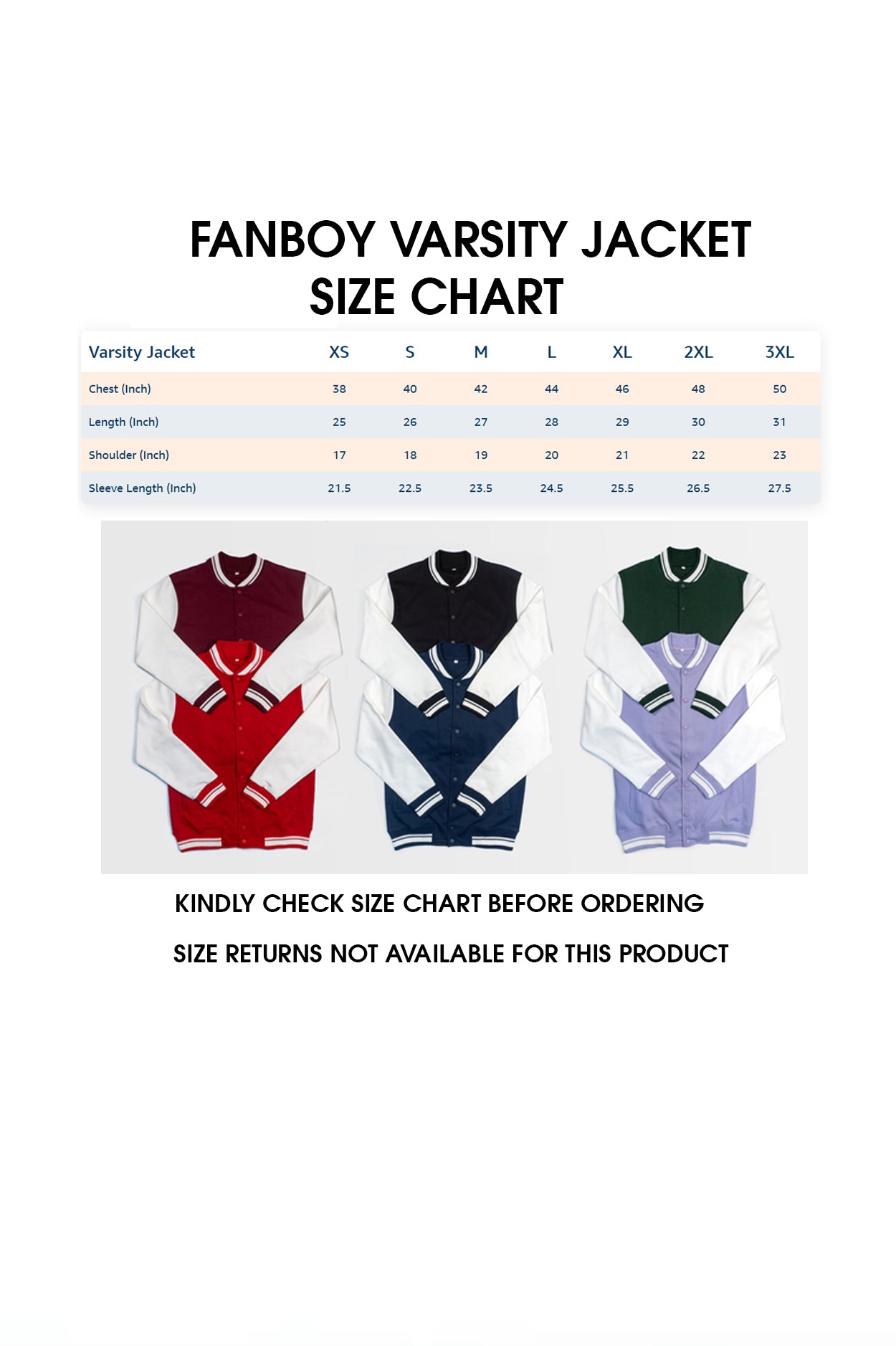 thefanboy Varsity Jacket Size Chart