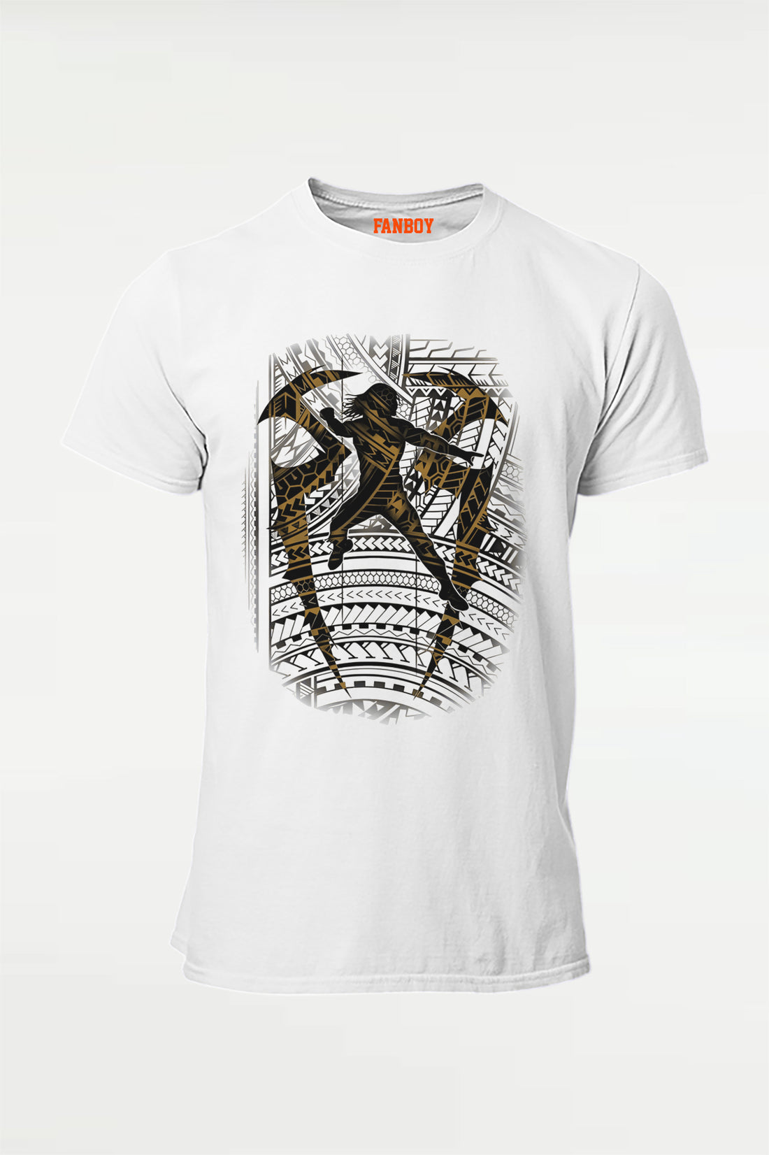 White tribal logo graphic t-shirt with bold silhouette design, premium wrestling-inspired streetwear tee for fans, front and back view on clean background.