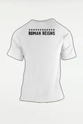 White tribal logo graphic t-shirt with bold silhouette design, premium wrestling-inspired streetwear tee for fans, front and back view on clean background.