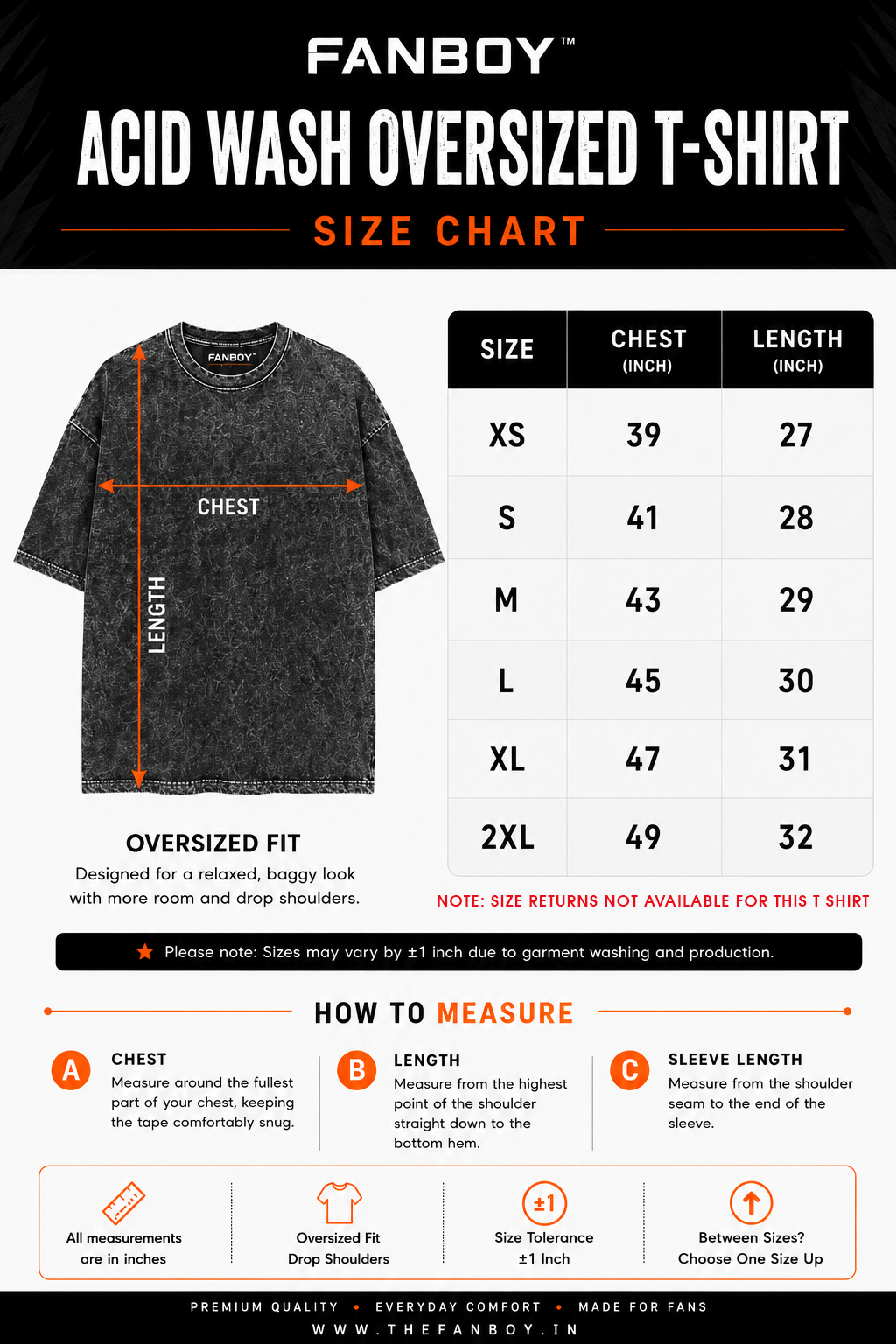 Unisex Acid Wash Oversized T-Shirt Size Chart by FANBOY featuring XS to 2XL measurements with chest and length dimensions in inches for the perfect oversized fit.