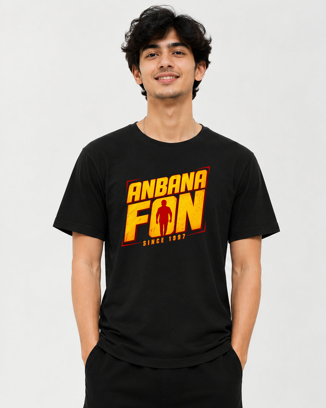 Anbana Fans Surya graphic T-shirt front view with Tamil cinema-inspired fan artwork