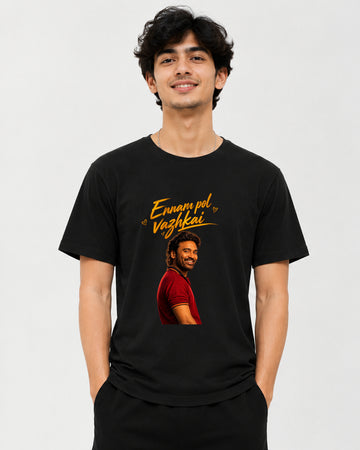 Ennam Pol Valkai Dhanush Tamil quote graphic T-shirt front view