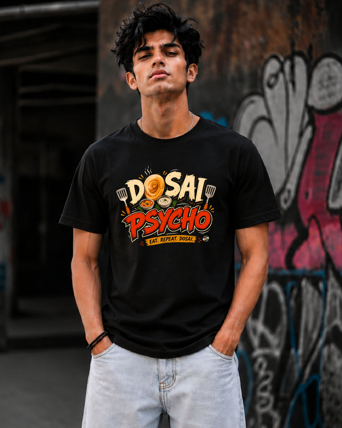 Dosai Psycho graphic T-shirt for food lovers by FANBOY, premium black cotton funny South Indian foodie printed tee