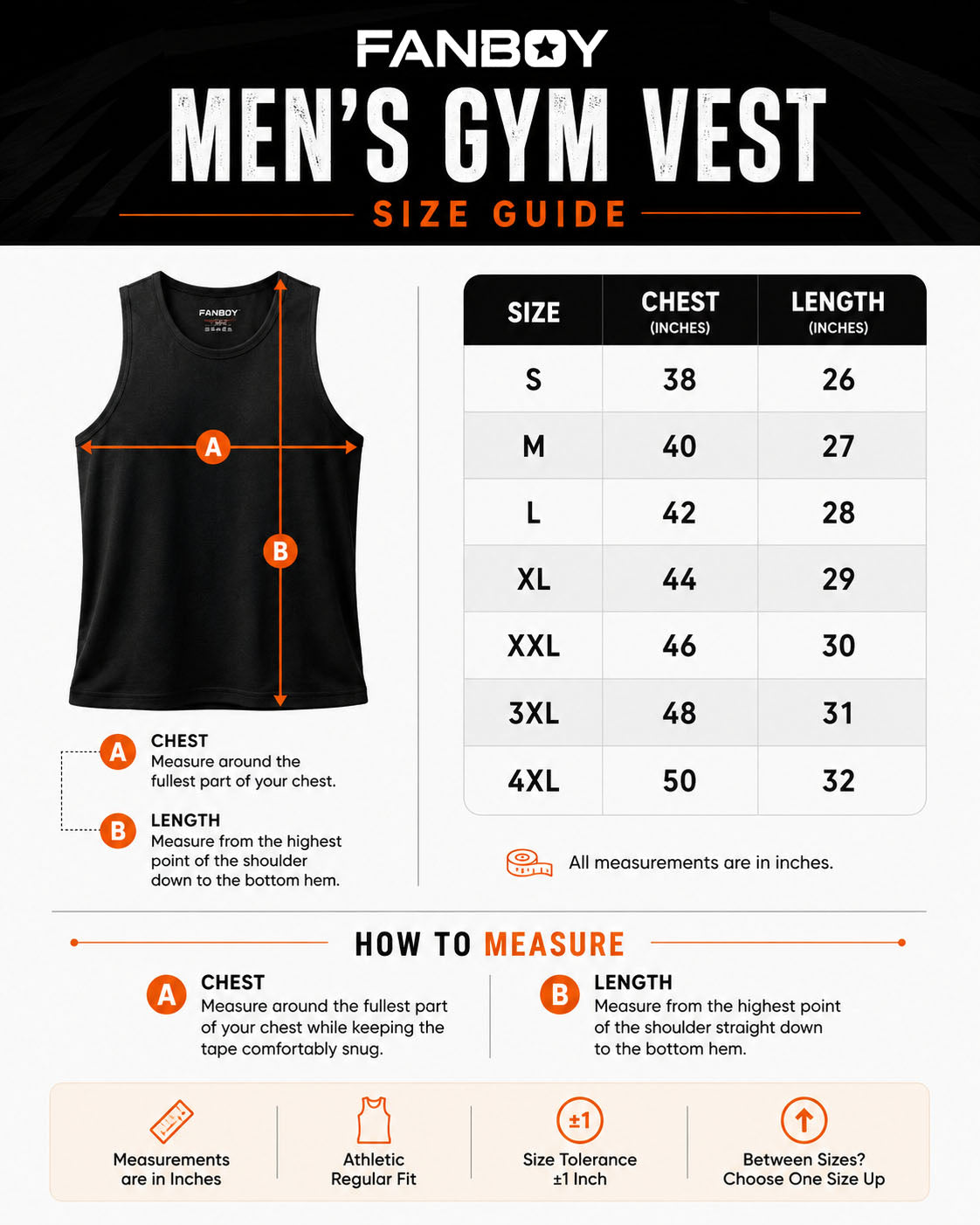Fanboy Men's Gym Vest Size Chart showing chest and length measurements, premium cotton sleeveless workout vest sizing guide from S to 4XL in inches.