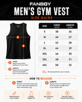 Fanboy Men's Gym Vest Size Chart showing chest and length measurements, premium cotton sleeveless workout vest sizing guide from S to 4XL in inches.
