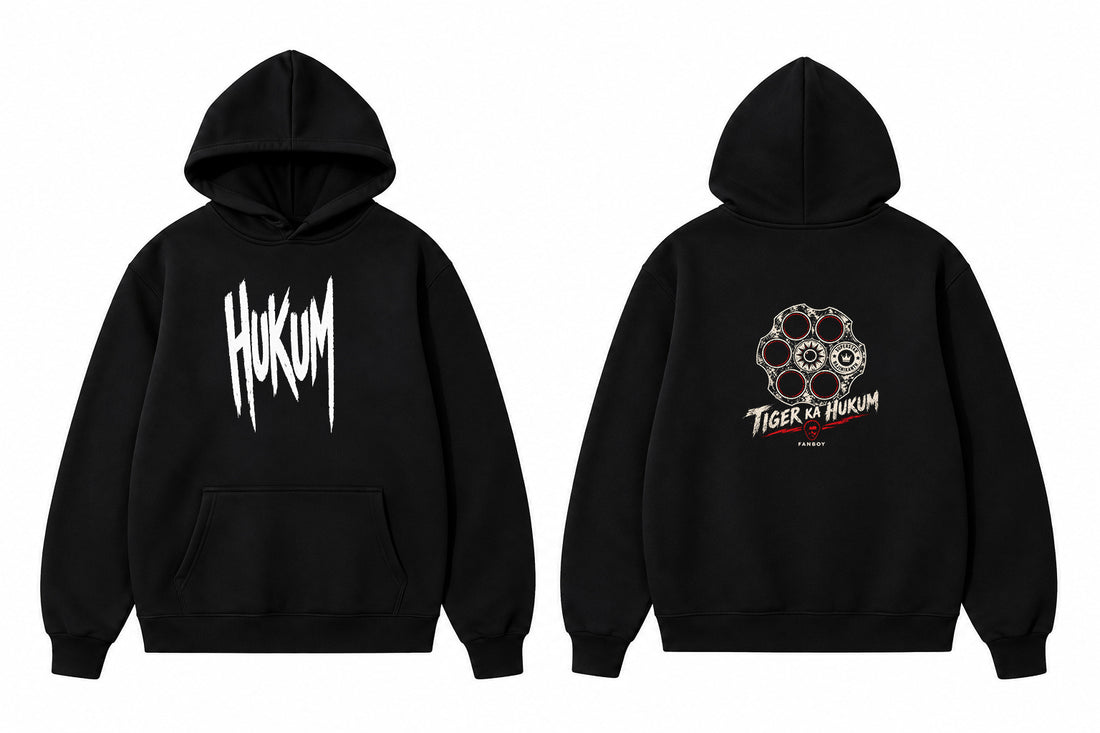 HUKUM Tiger Ka Hukum graphic hoodie front view  and back viewwith bold fan-inspired streetwear design