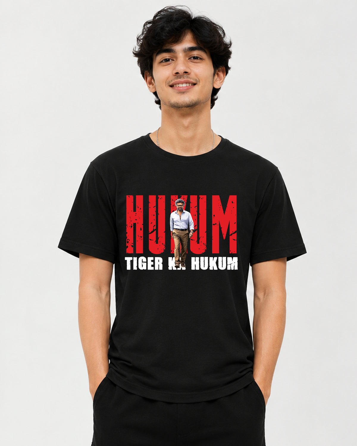 Hukum Tiger Ka Hukum Tamil cinema fan T-shirt front view, Rajinikanth-inspired movie fan graphic tee from TheFanboy.in