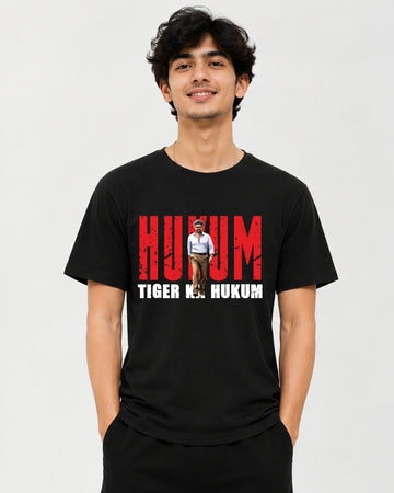 Hukum Tiger Ka Hukum Tamil cinema fan T-shirt front view, Rajinikanth-inspired movie fan graphic tee from TheFanboy.in