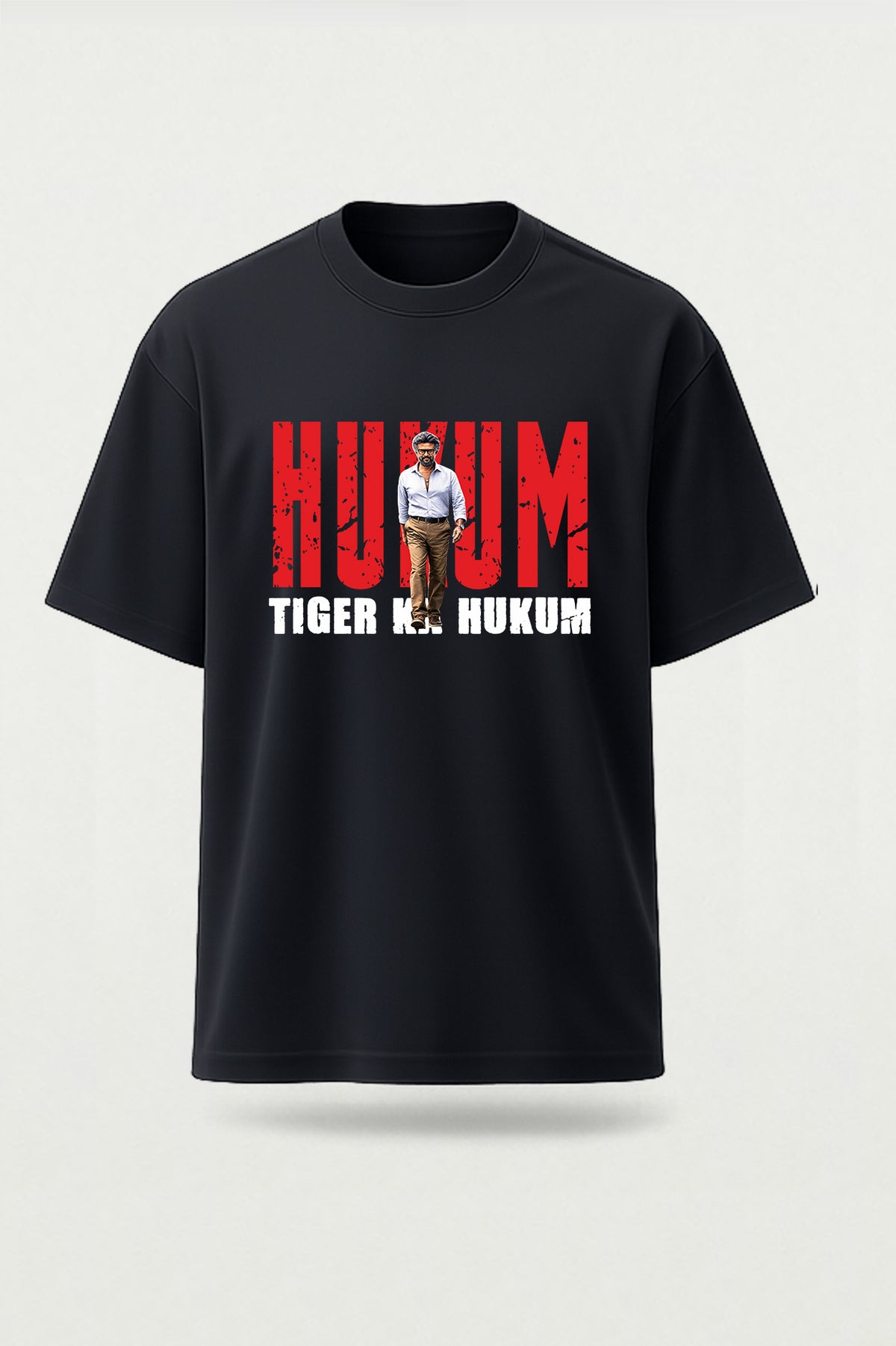 Hukum Tiger Ka Hukum Tamil cinema fan T-shirt front view, Rajinikanth-inspired movie fan graphic tee from TheFanboy.in