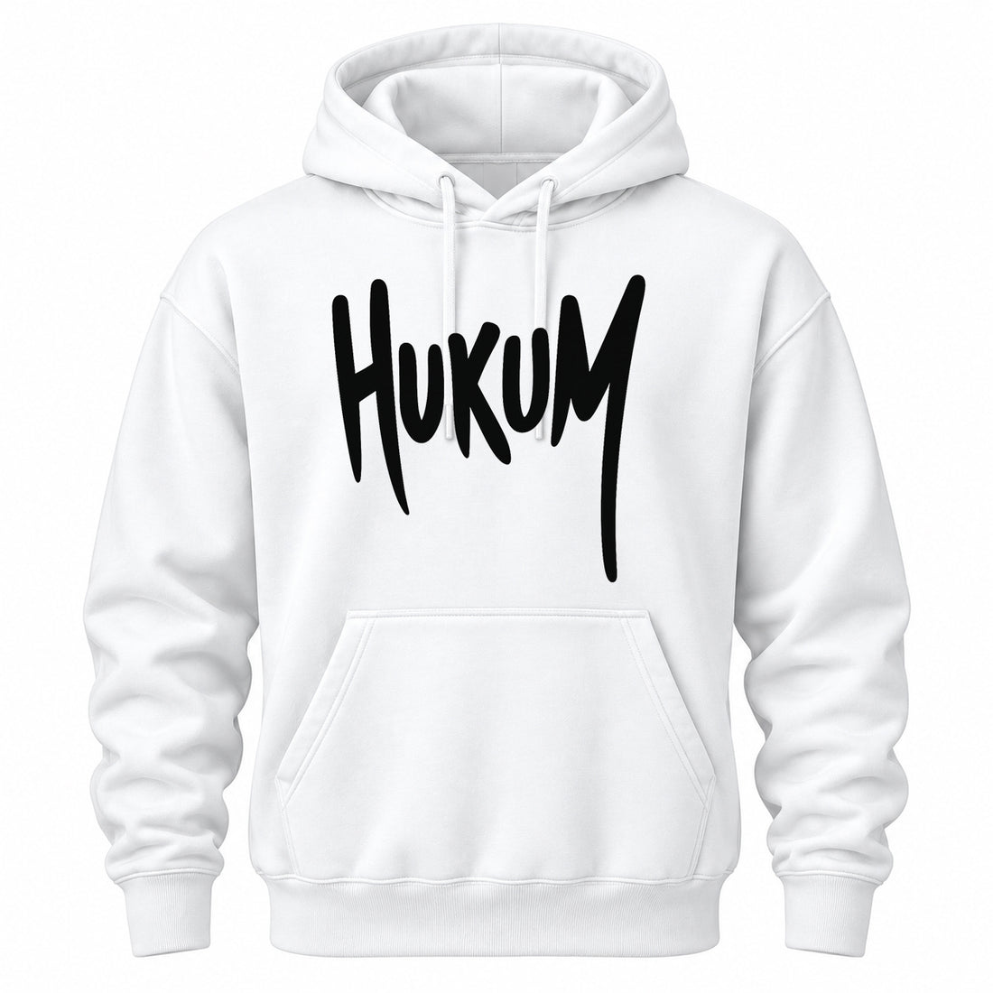 HUKUM white graphic hoodie front view with bold typography and fan-inspired streetwear design