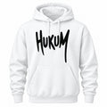 HUKUM white graphic hoodie front view with bold typography and fan-inspired streetwear design