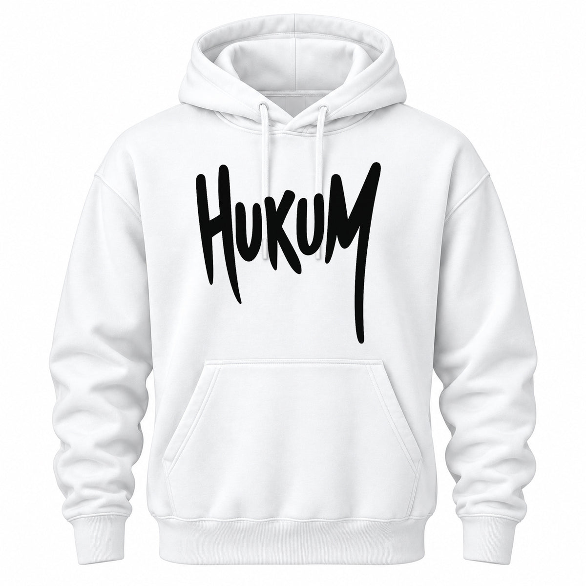 HUKUM white graphic hoodie front view with bold typography and fan-inspired streetwear design