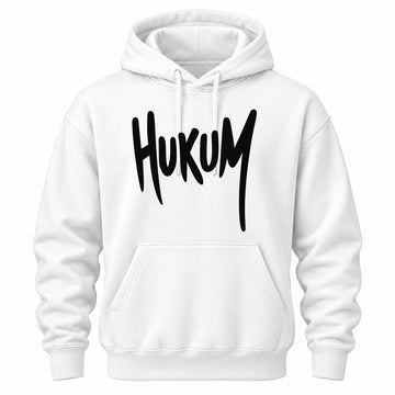 HUKUM white graphic hoodie front view with bold typography and fan-inspired streetwear design