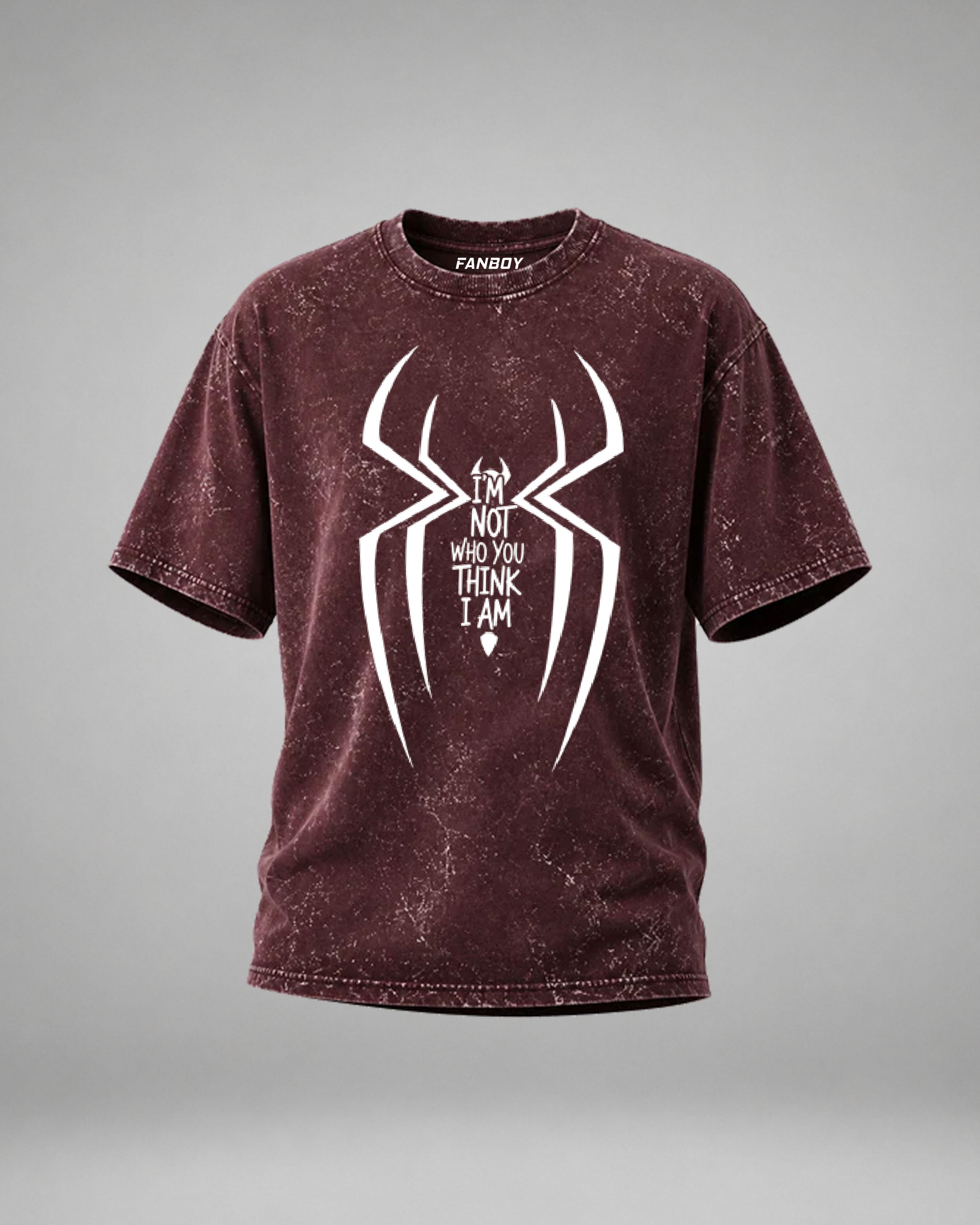 Identity Shift Spider Acid Wash Oversized T-Shirt with bold white spider front graphic and red spider web back print on premium vintage washed cotton.