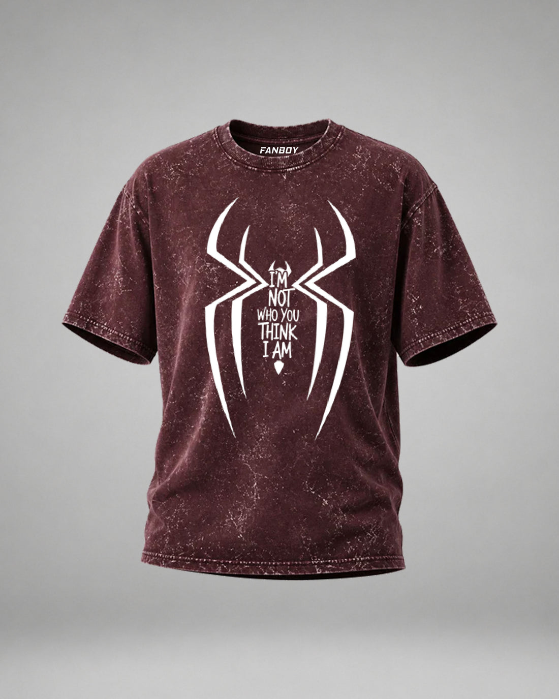 Identity Shift Spider Acid Wash Oversized T-Shirt with bold white spider front graphic and red spider web back print on premium vintage washed cotton.