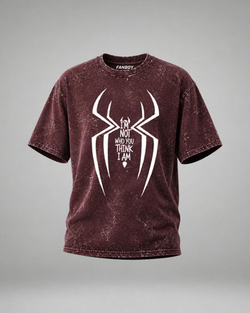 Identity Shift Spider Acid Wash Oversized T-Shirt with bold white spider front graphic and red spider web back print on premium vintage washed cotton.