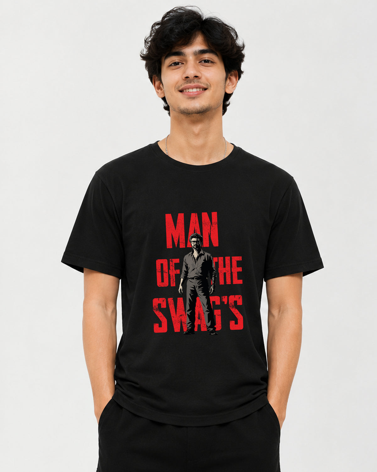 Man of SWAGS graphic T-shirt front view, bold statement streetwear tee from TheFanboy.in