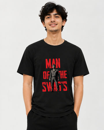 Man of SWAGS graphic T-shirt front view, bold statement streetwear tee from TheFanboy.in