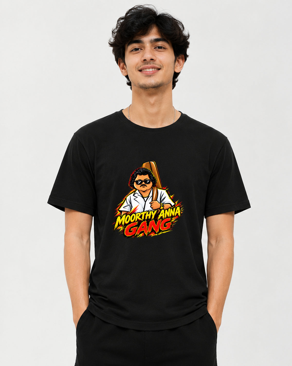 Moorthy Anna Gang graphic T-shirt front view – Tamil cinema-inspired fan streetwear tee