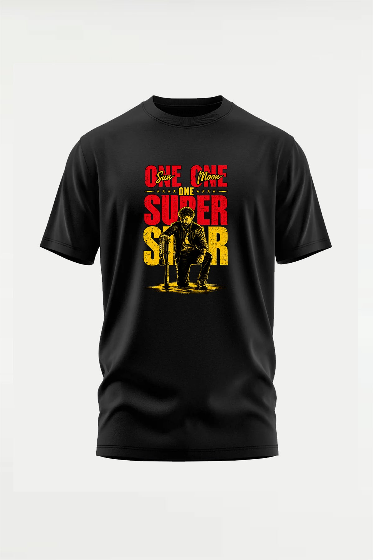 One Sun One Moon One Superstar Rajinikanth fan T-shirt front view, Tamil cinema graphic tee from TheFanboy.in
