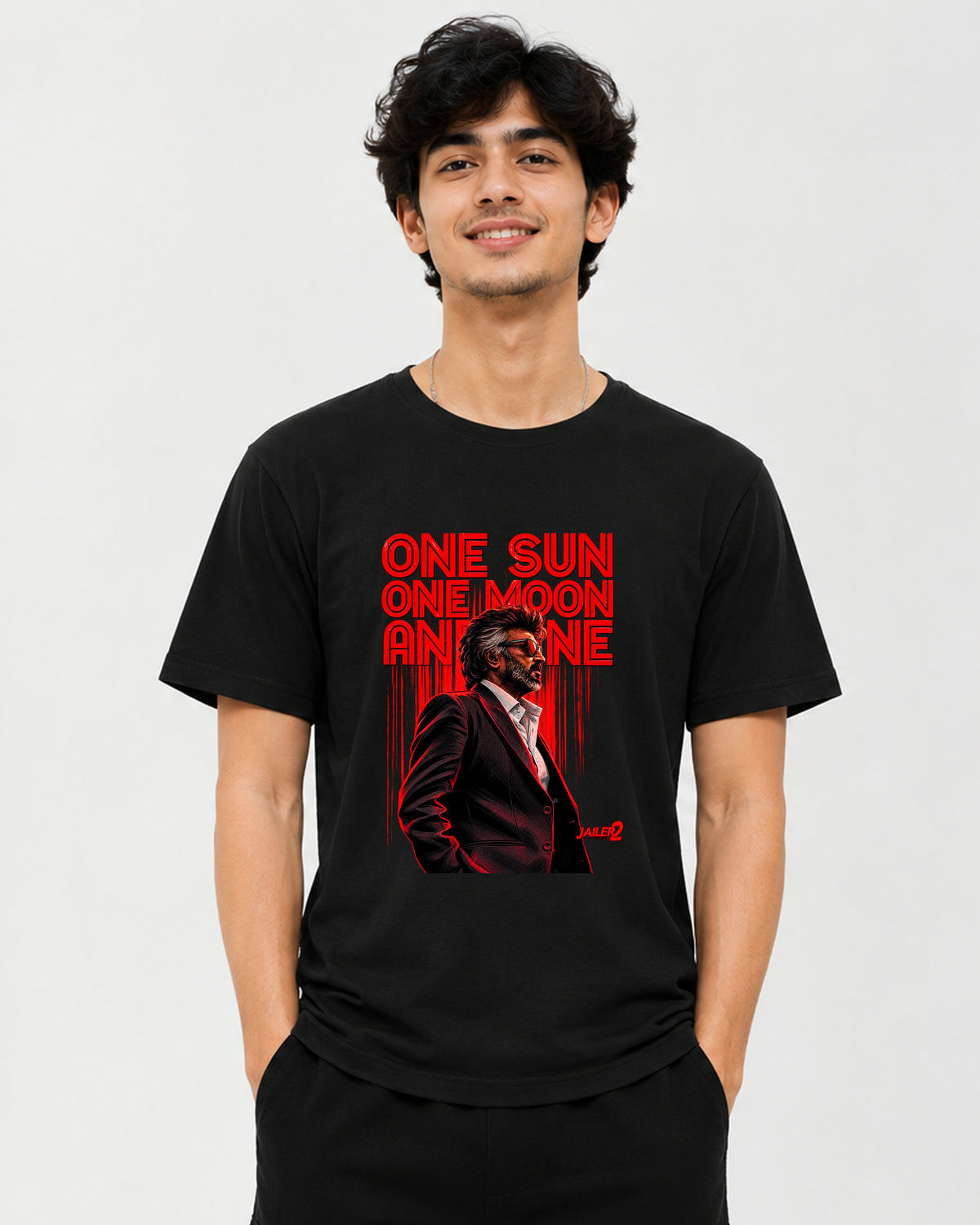 One Sun One Moon Thalaivar Rajinikanth fan T-shirt front view, Tamil cinema graphic tee from TheFanboy.in