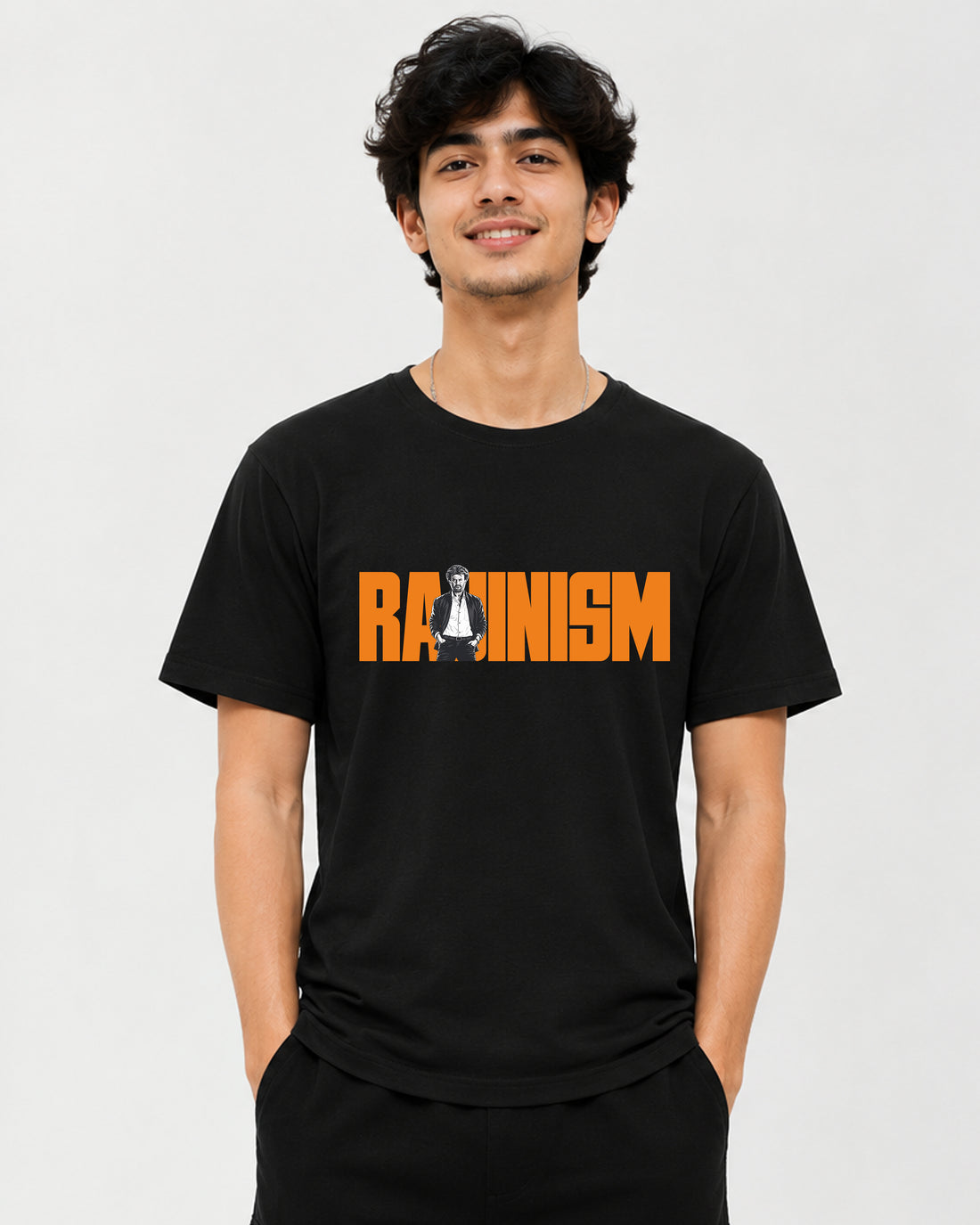 Rajinism Superstar Rajinikanth fan T-shirt front view, Tamil cinema-inspired graphic tee from TheFanboy.in