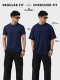 Regular Fit vs Oversized Fit T-Shirt size comparison showing the difference in sleeve length, shoulder drop, and chest fit. Premium men's cotton T-shirt fit guide by FANBOY.
