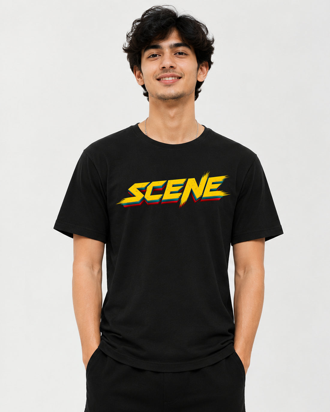 Black SCENE movie-inspired graphic T-shirt with bold yellow lettering and red and teal accents, front view