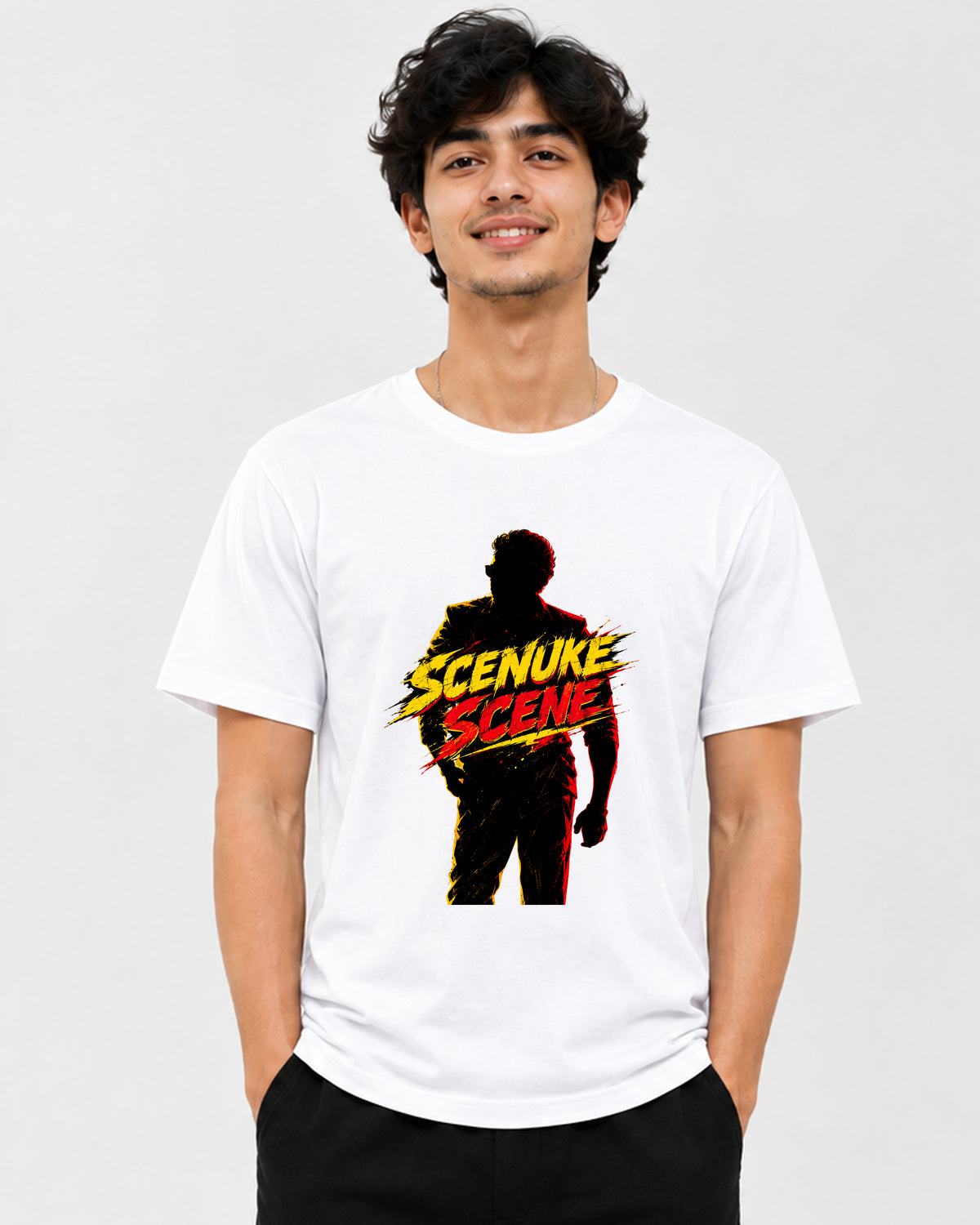 SCENUKE SCENE graphic T-shirt front view featuring bold typography and streetwear-inspired artwork