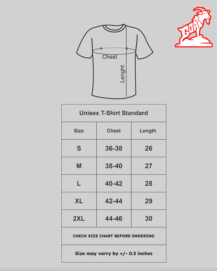 Premium Round neck t shirt size chart at goatprints