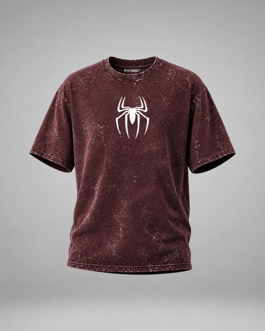 Unisex Acid Wash Oversized T-Shirt Size Chart by FANBOY featuring XS to 2XL measurements with chest and length dimensions in inches for the perfect oversized fit.