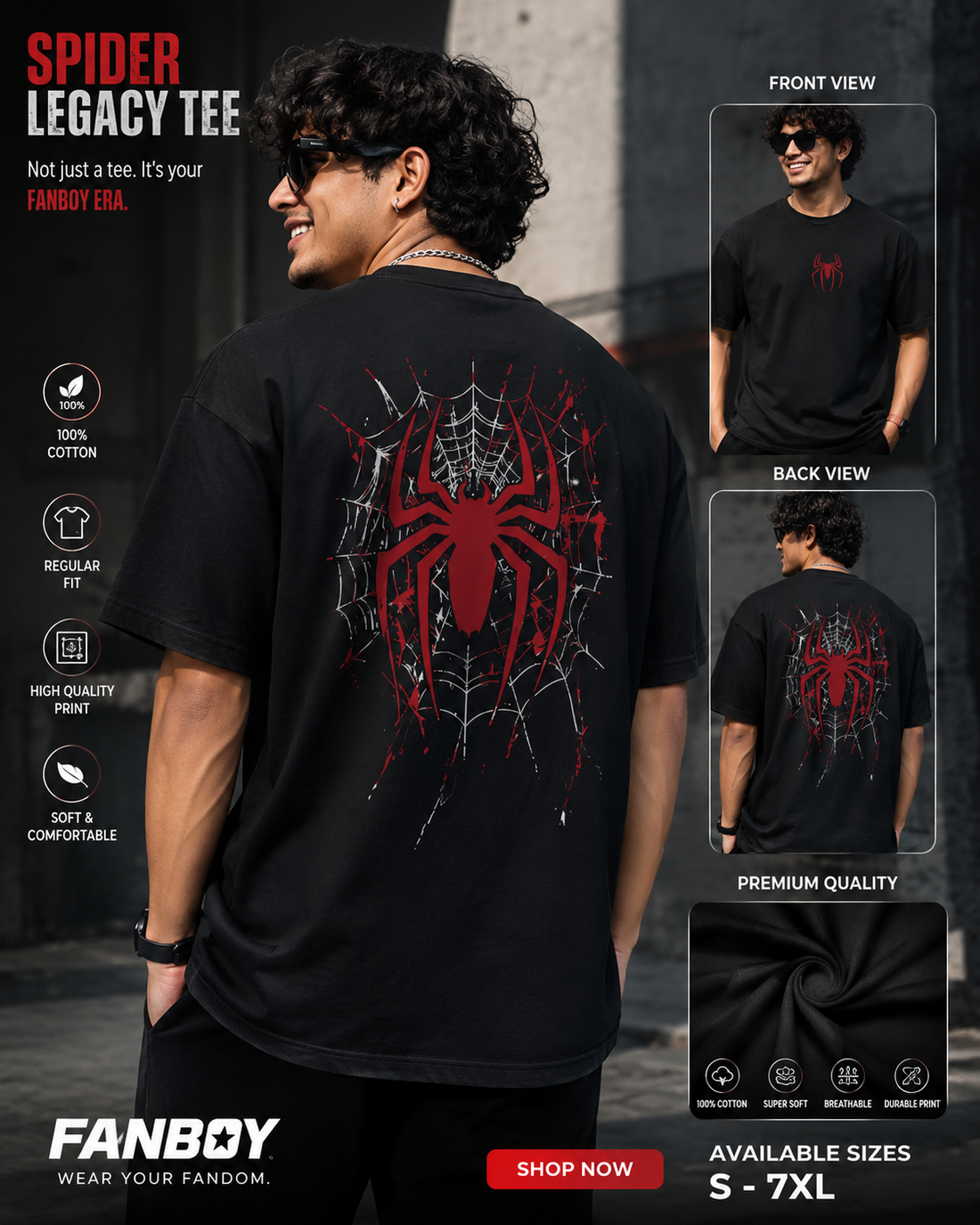Spider Legacy Tee by Fanboy featuring a minimal red spider logo on the front and a bold red spider web graphic on the back. Premium black cotton graphic T-shirt for Spider fans in India.