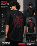 Spider Legacy Tee by Fanboy featuring a minimal red spider logo on the front and a bold red spider web graphic on the back. Premium black cotton graphic T-shirt for Spider fans in India.