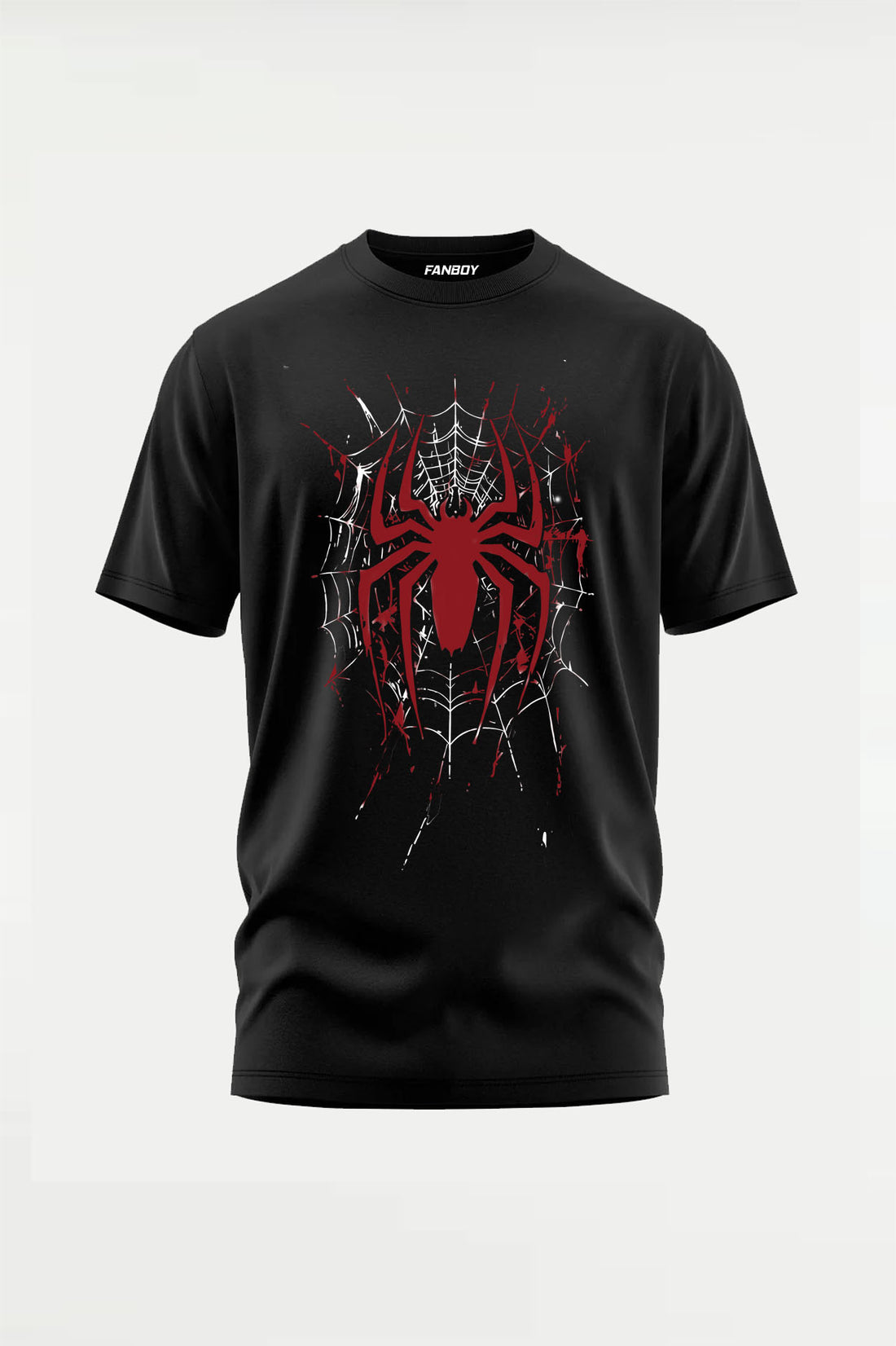 Spider Web Slinger Regular Fit T-Shirt front view in black with minimalist spider chest print. Premium cotton graphic tee for Spider fans by FANBOY.