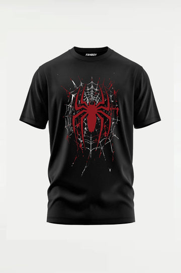 Spider Web Slinger Regular Fit T-Shirt front view in black with minimalist spider chest print. Premium cotton graphic tee for Spider fans by FANBOY.
