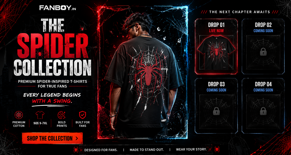 Spider Legacy Tee by Fanboy featuring a minimal red spider logo on the front and a bold red spider web graphic on the back. Premium black cotton graphic T-shirt for Spider fans in India.1621243260e1af0c20-0