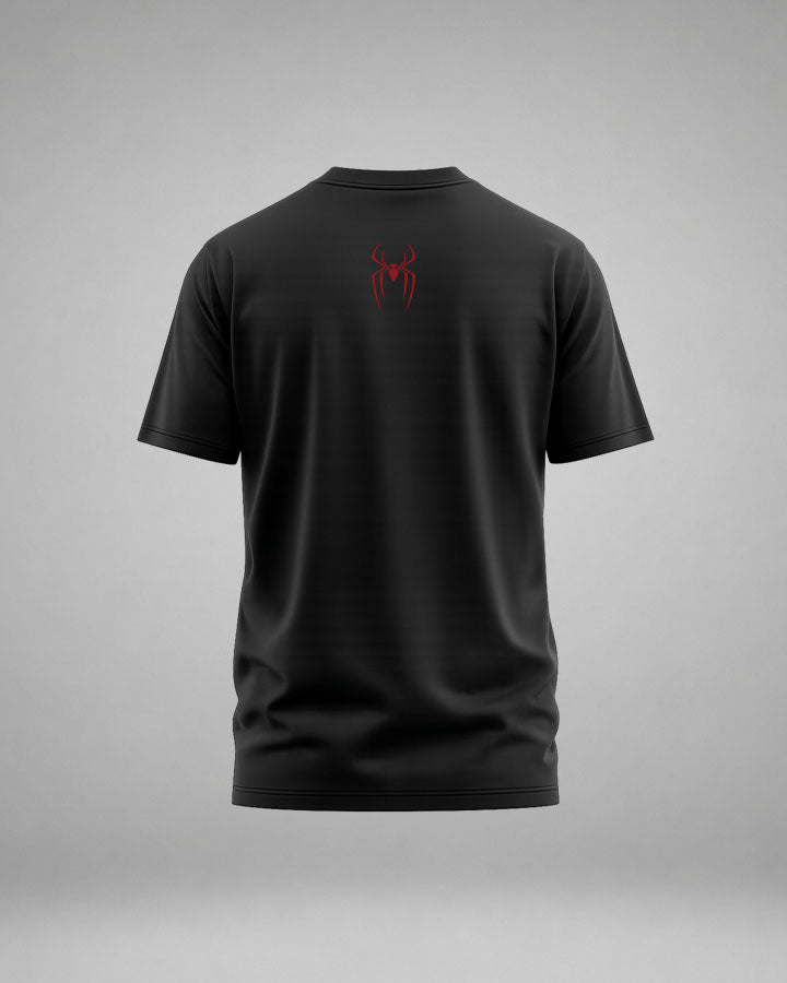 Shadow Web Graphic T-Shirt for Men in Black featuring "I'm Not Who You Think I Am" typography and bold red web-inspired design by Fanboy.in