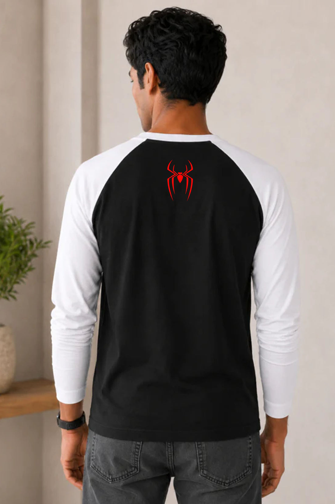 With Great Power Comes Great Responsibility black raglan full sleeve T-shirt with spider-inspired graphic design by Fanboy.in