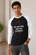 With Great Power Comes Great Responsibility black raglan full sleeve T-shirt with spider-inspired graphic design by Fanboy.in