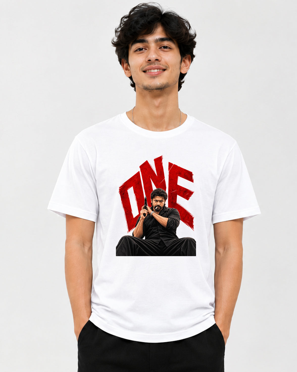Surya The One graphic T-shirt front view featuring Tamil cinema-inspired fan artwork