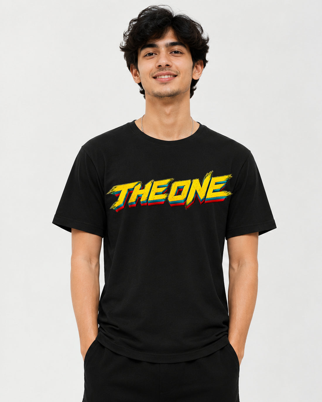 THE ONE SCENE graphic T-shirt front view with bold yellow typography and red and teal accents