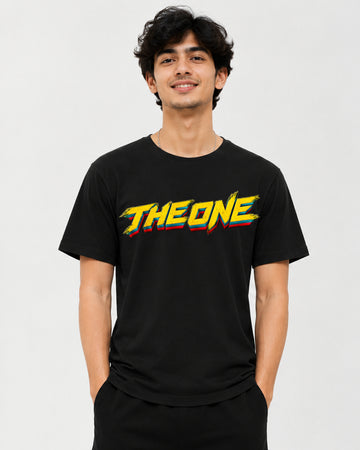 THE ONE SCENE graphic T-shirt front view with bold yellow typography and red and teal accents