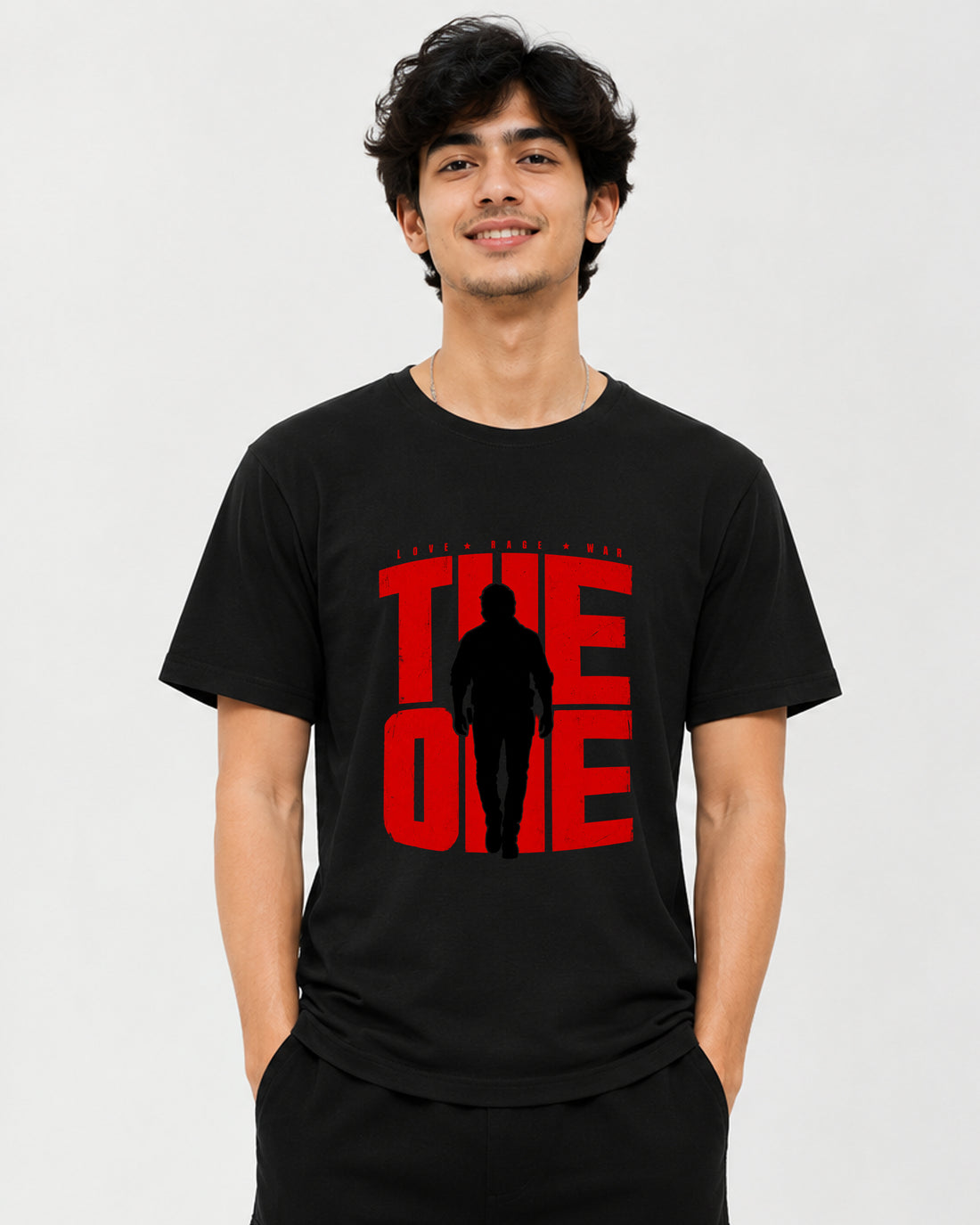 THE ONE Surya fan graphic T-shirt front view featuring Tamil cinema-inspired artwork