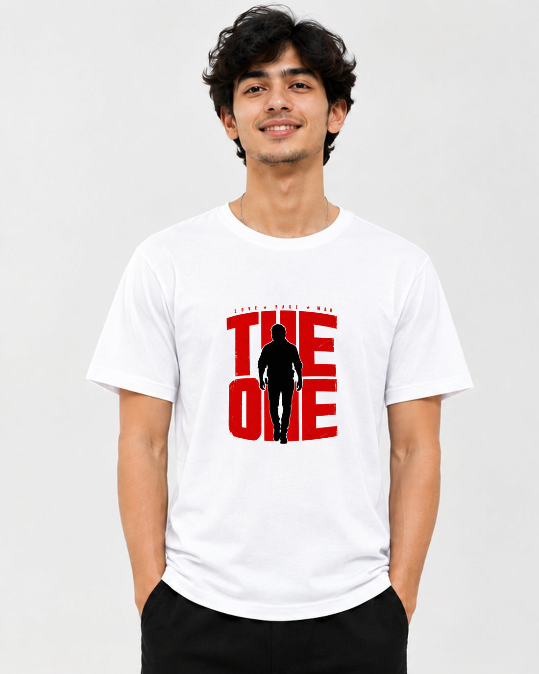 THE ONE Surya fan graphic T-shirt front view featuring Tamil cinema-inspired artwork