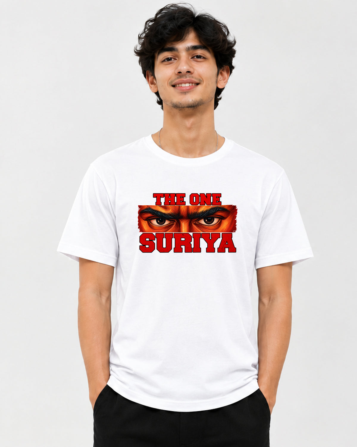 THE ONE Surya Mass graphic T-shirt front view featuring Tamil cinema-inspired artwork1